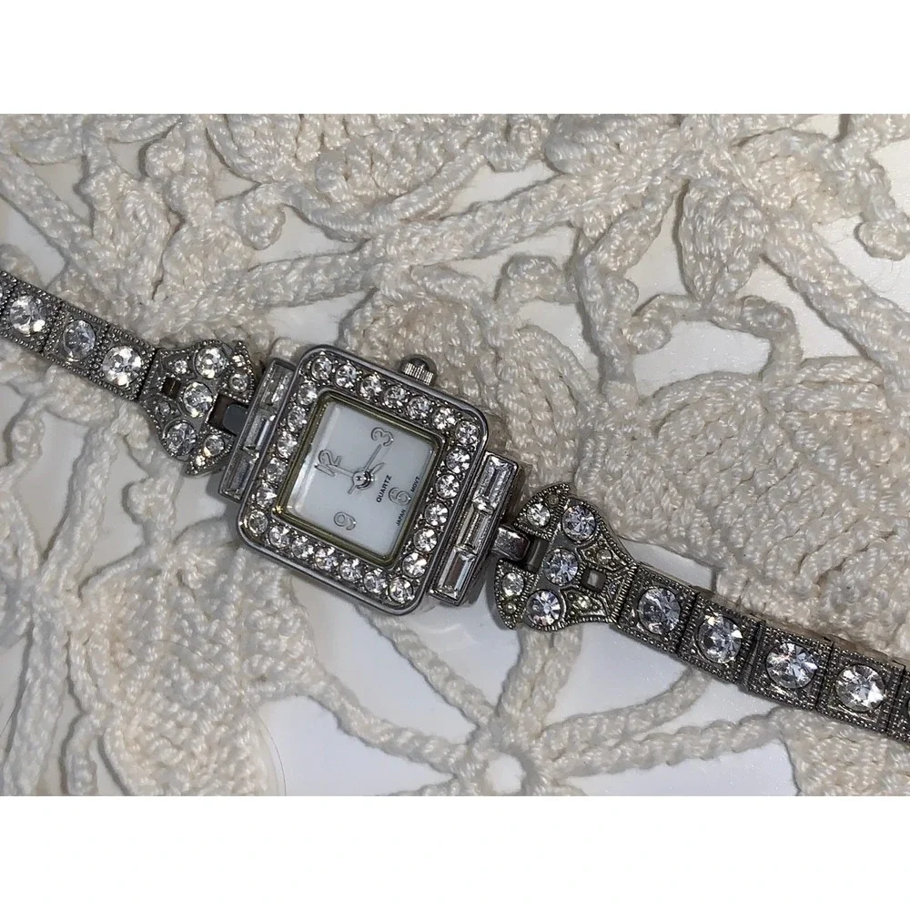Vintage Silver Tone Crystal Square Face Cocktail Watch Japan Movt Art Deco Style